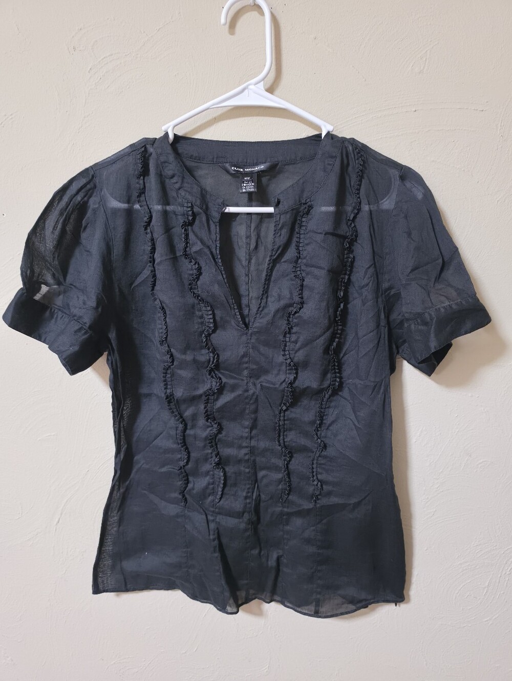 Club Monaco Black Ruffled Front Short-Sleeve Blouse